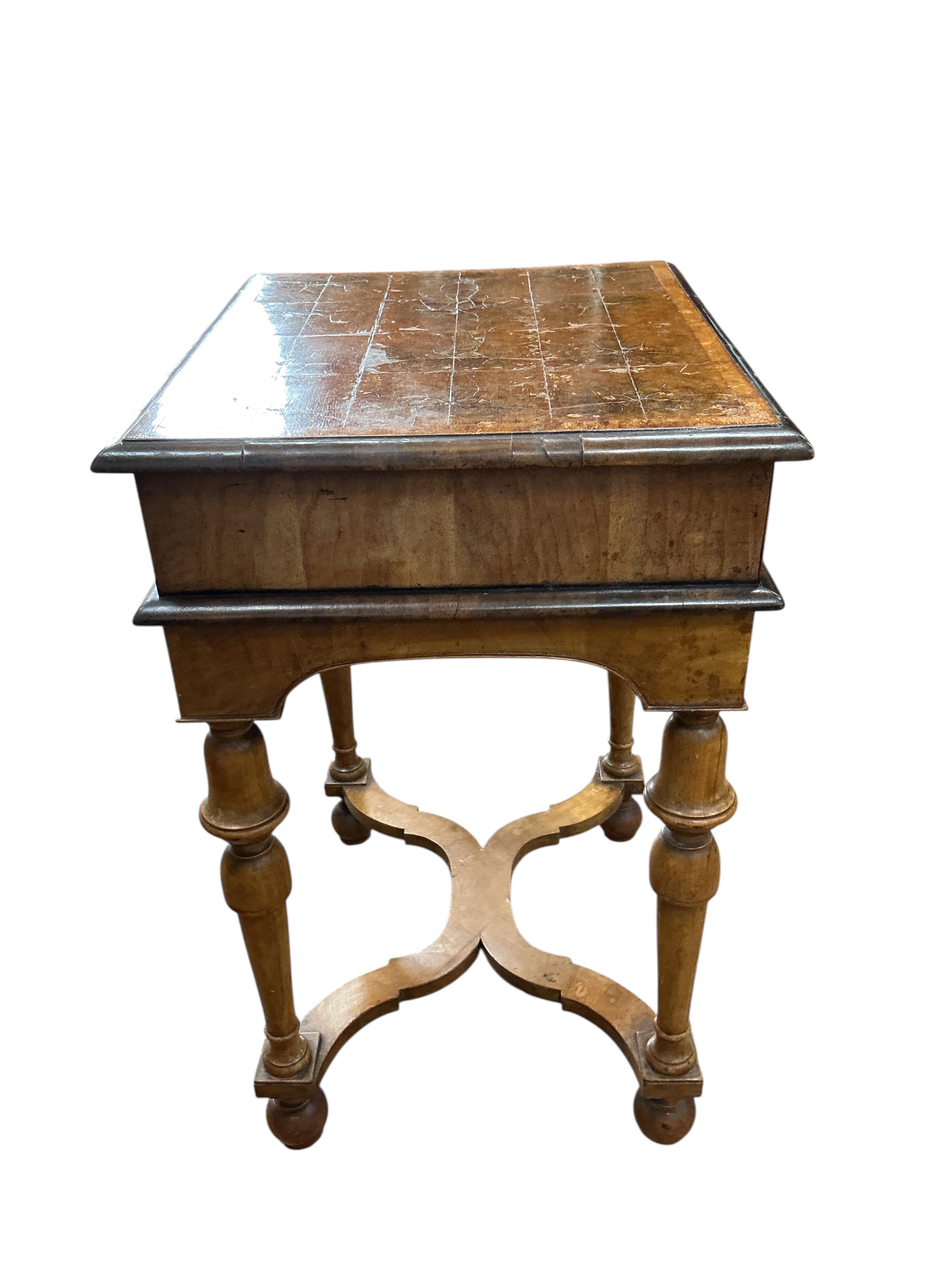 A William and Mary style walnut and oyster veneered box on stand, width 49cm, depth 43cm, height 69cm